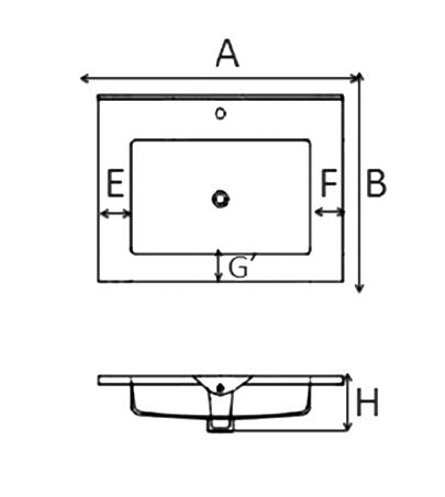 Cerazul - lavabo porcelánico tipo encimera modelo Eos en formato rectangular. Planimetría
