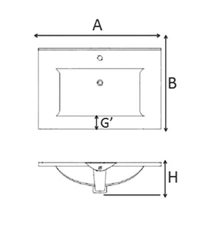 Cerazul - lavabo porcelánico tipo encimera modelo Egeo en formato rectangular. Planimetría.