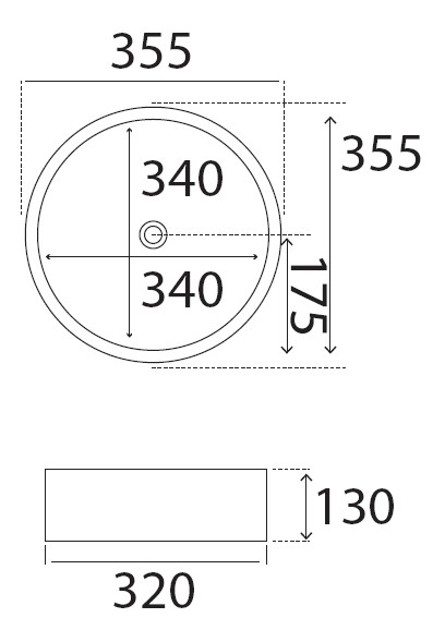 Cerazul - lavabo porcelánico sobre encimera modelo Espiga en formato circular. Planimetría.
